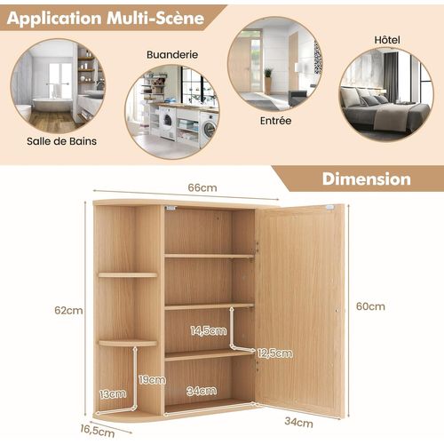 Armoire Murale Salle De Bains Avec Miroir,étagères Réglables,66 X 16.5 X 62 Cm,naturel