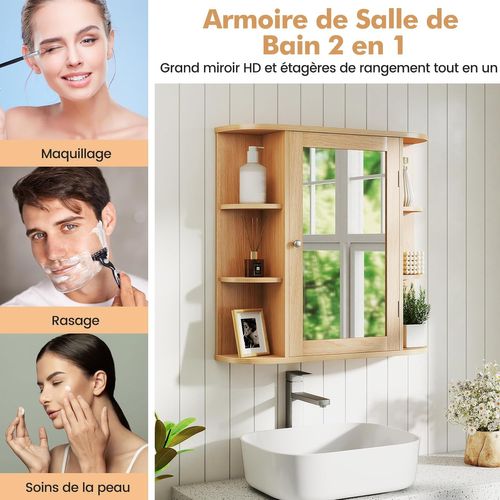 Armoire Murale Salle De Bains Avec Miroir,étagères Réglables,66 X 16.5 X 62 Cm,naturel
