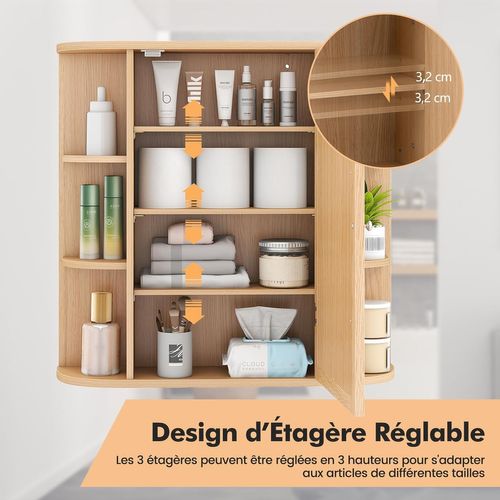 Armoire Murale Salle De Bains Avec Miroir,étagères Réglables,66 X 16.5 X 62 Cm,naturel