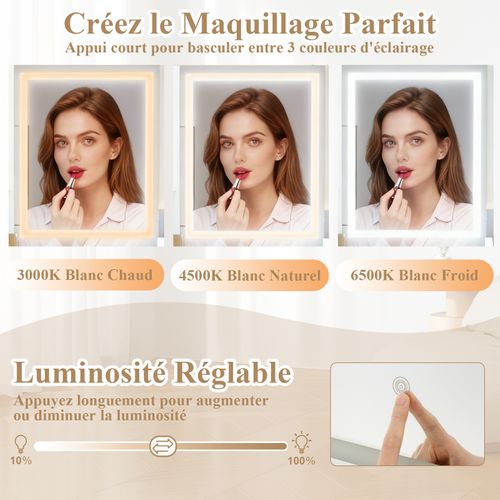 Coiffeuse Avec Miroir Et Tabouret, Station Recharge Lumière Réglable, 80x39x142cm，blanc