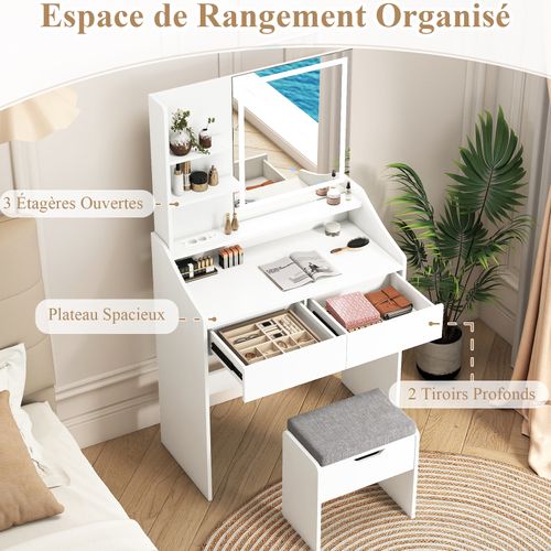 Coiffeuse Avec Miroir Et Tabouret, Station Recharge Lumière Réglable, 80x39x142cm，blanc