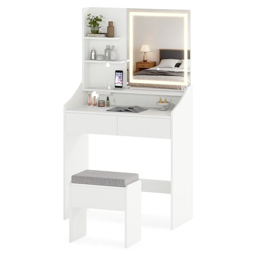 Coiffeuse Avec Miroir Et Tabouret, Station Recharge Lumière Réglable, 80x39x142cm，blanc