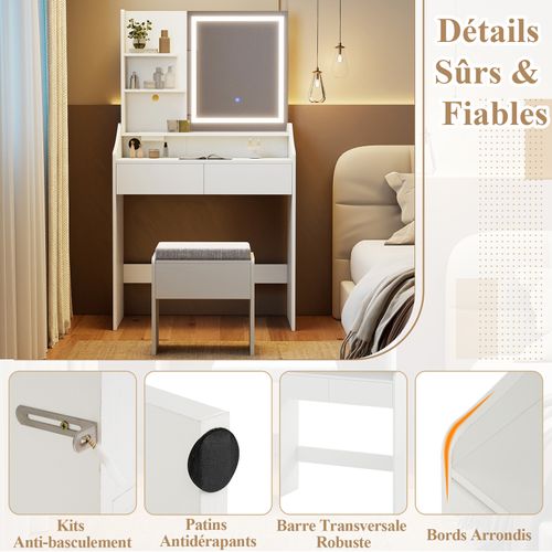 Coiffeuse Avec Miroir Et Tabouret, Station Recharge Lumière Réglable, 80x39x142cm，blanc