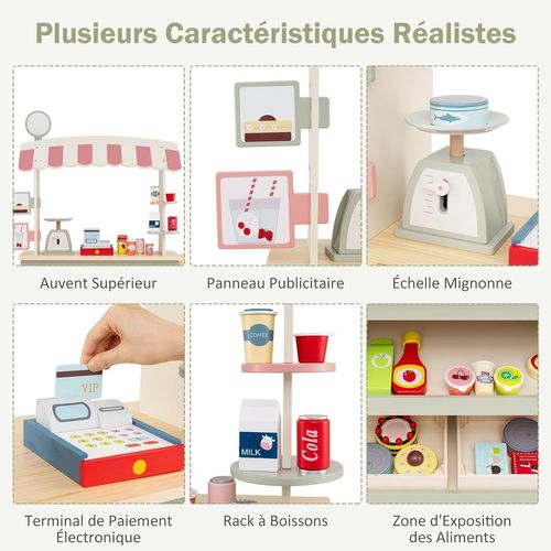 Epicerie Enfant En Bois Avec 30 Pièces Accessoires, Auvent Supérieur et Poignée De Poussée (vert)