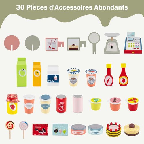Epicerie Enfant En Bois Avec 30 Pièces Accessoires, Auvent Supérieur et Poignée De Poussée (vert)