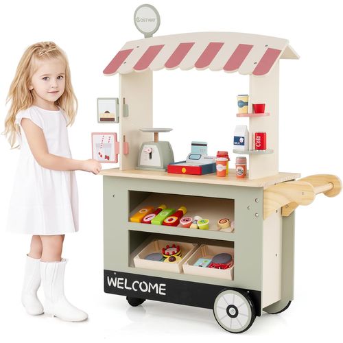 Epicerie Enfant En Bois Avec 30 Pièces Accessoires, Auvent Supérieur et Poignée De Poussée (vert)