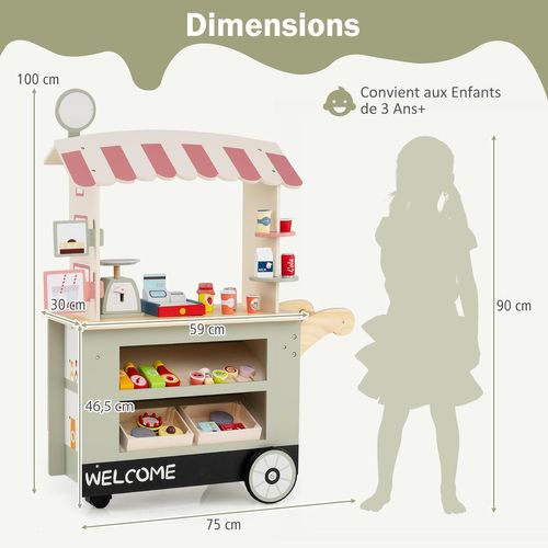 Epicerie Enfant En Bois Avec 30 Pièces Accessoires, Auvent Supérieur et Poignée De Poussée (vert)