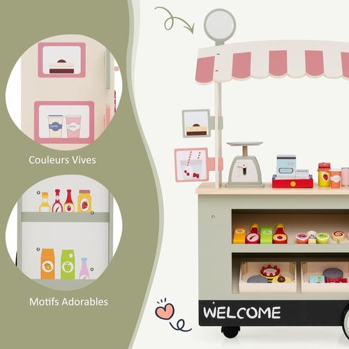 Epicerie Enfant En Bois Avec 30 Pièces Accessoires, Auvent Supérieur et Poignée De Poussée (vert)