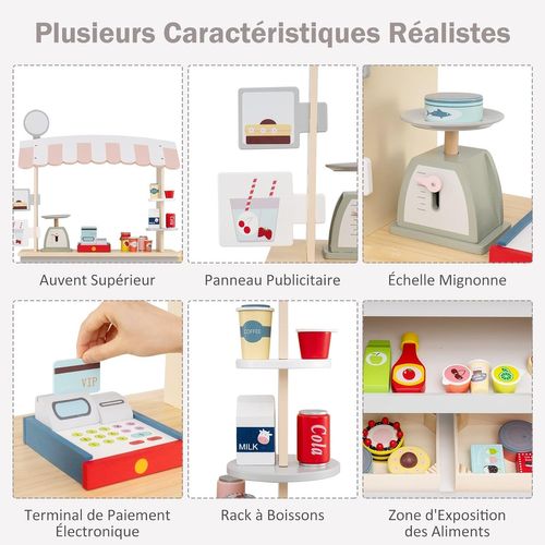Epicerie Enfant En Bois Avec 30 Pièces Accessoires, Auvent Supérieur et Poignée De Poussée (gris)