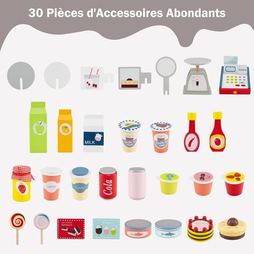 Epicerie Enfant En Bois Avec 30 Pièces Accessoires, Auvent Supérieur et Poignée De Poussée (gris)