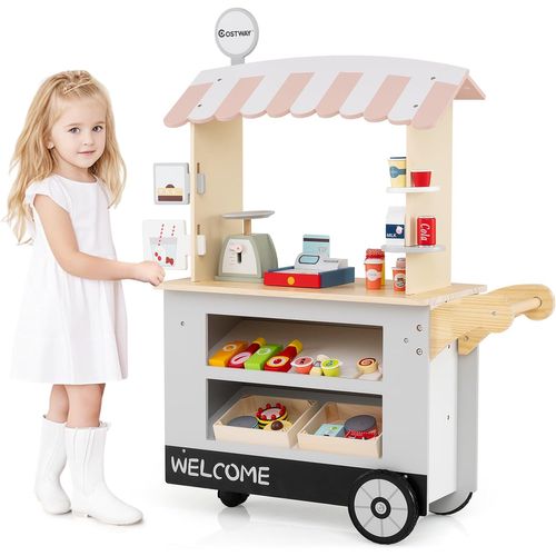 Epicerie Enfant En Bois Avec 30 Pièces Accessoires, Auvent Supérieur et Poignée De Poussée (gris)