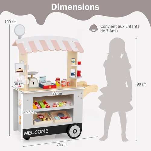 Epicerie Enfant En Bois Avec 30 Pièces Accessoires, Auvent Supérieur et Poignée De Poussée (gris)