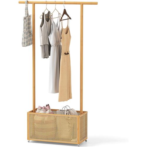 Porte-vêtements Bambou 100x33x172cm Sur Roulette, Panier Linge 60l Rotin Pe ,naturel