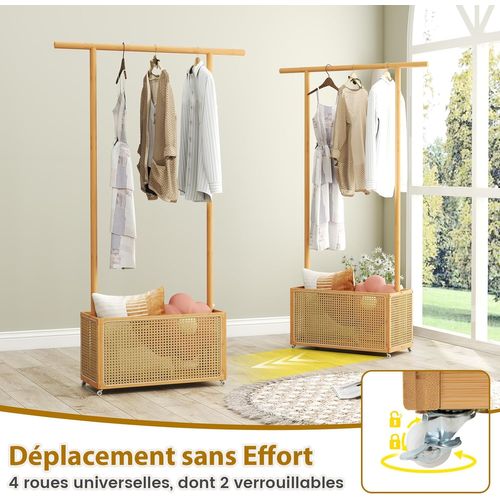 Porte-vêtements Bambou 100x33x172cm Sur Roulette, Panier Linge 60l Rotin Pe ,naturel