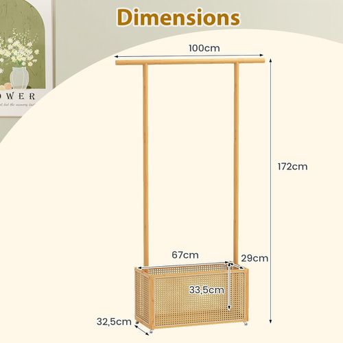 Porte-vêtements Bambou 100x33x172cm Sur Roulette, Panier Linge 60l Rotin Pe ,naturel