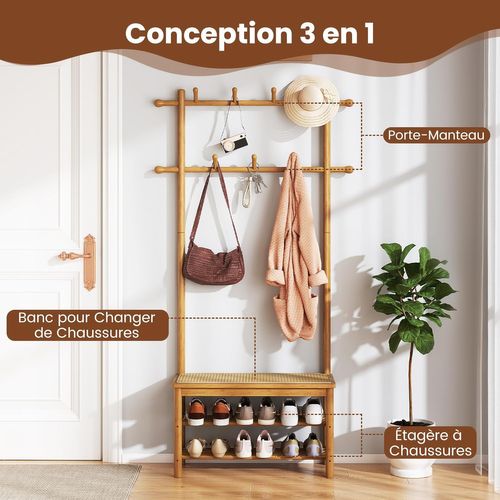 Porte Manteau 3 En 1 Bambou 169.5cm, Banc Rotin, 2 Niveaux Chaussures,13 Crochets ,naturel