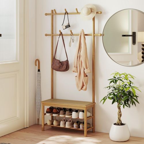 Porte Manteau 3 En 1 Bambou 169.5cm, Banc Rotin, 2 Niveaux Chaussures,13 Crochets ,naturel