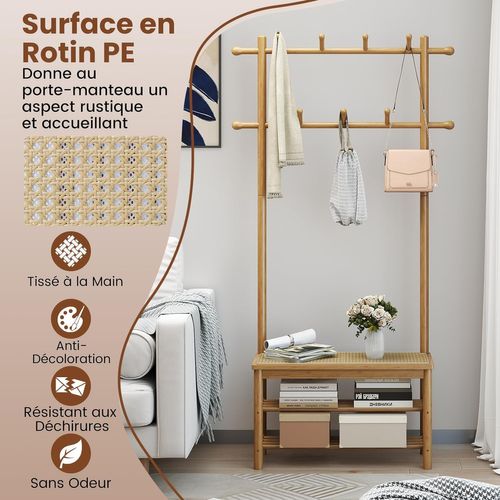 Porte Manteau 3 En 1 Bambou 169.5cm, Banc Rotin, 2 Niveaux Chaussures,13 Crochets ,naturel