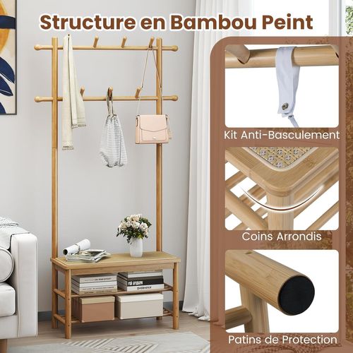 Porte Manteau 3 En 1 Bambou 169.5cm, Banc Rotin, 2 Niveaux Chaussures,13 Crochets ,naturel