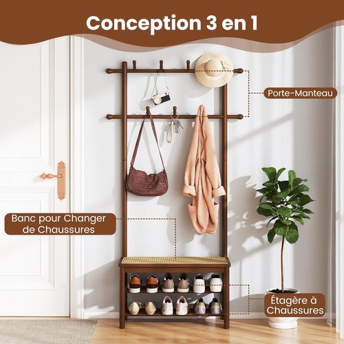 Porte Manteau 3 En 1 Bambou 169.5cm, Banc Rotin, 2 Niveaux Chaussures, 13 Crochets ,marron