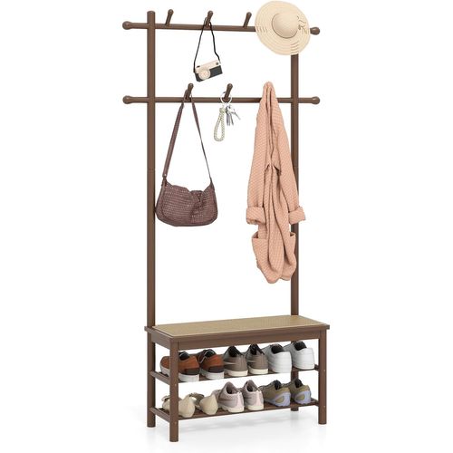 Porte Manteau 3 En 1 Bambou 169.5cm, Banc Rotin, 2 Niveaux Chaussures, 13 Crochets ,marron