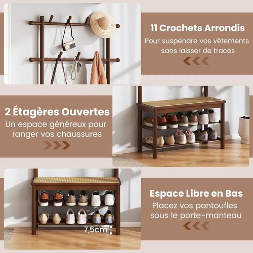 Porte Manteau 3 En 1 Bambou 169.5cm, Banc Rotin, 2 Niveaux Chaussures, 13 Crochets ,marron