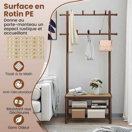 Porte Manteau 3 En 1 Bambou 169.5cm, Banc Rotin, 2 Niveaux Chaussures, 13 Crochets ,marron
