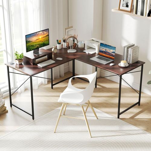 Bureau D'angle En L Réversible 150x150x74cm, Support Moniteur, 3 Trous De Câble ,brun