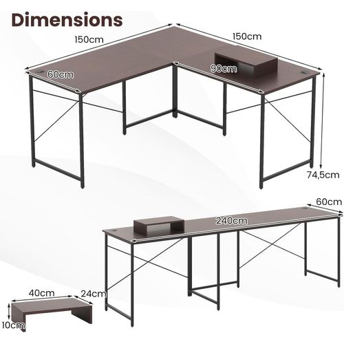 Bureau D'angle En L Réversible 150x150x74cm, Support Moniteur, 3 Trous De Câble ,brun