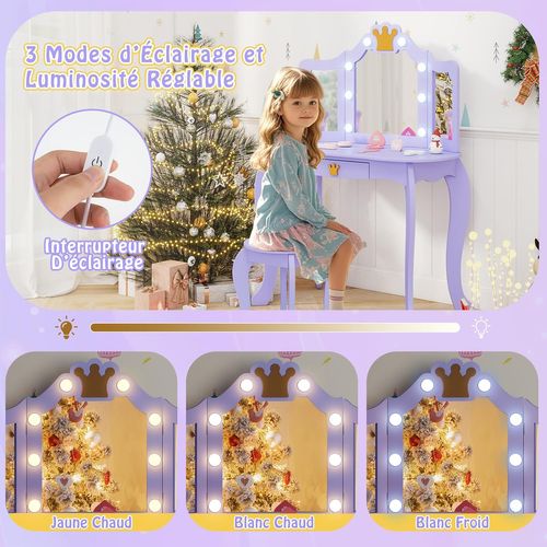 Coiffeuse Pour Enfants Avec Miroir à Trois Volets, Dessus Amovible (violet-avec Lumière)