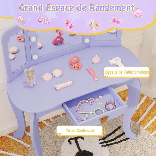 Coiffeuse Pour Enfants Avec Miroir à Trois Volets, Dessus Amovible (violet-avec Lumière)