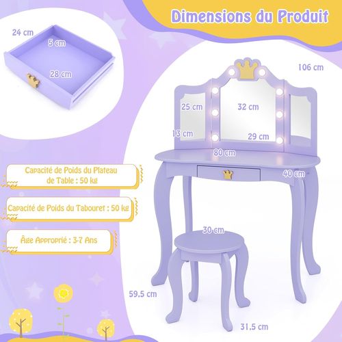 Coiffeuse Pour Enfants Avec Miroir à Trois Volets, Dessus Amovible (violet-avec Lumière)