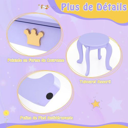 Coiffeuse Pour Enfants Avec Miroir à Trois Volets, Dessus Amovible (violet-avec Lumière)