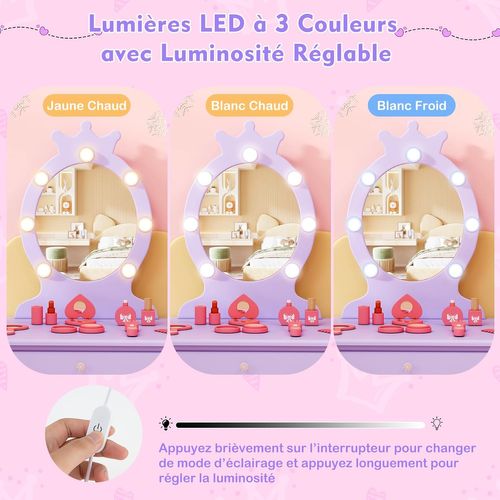 Coiffeuse Enfant Fille Avec Miroir (avec Miroir, Lumière Et Chaise ),70x34x99 Cm,violet