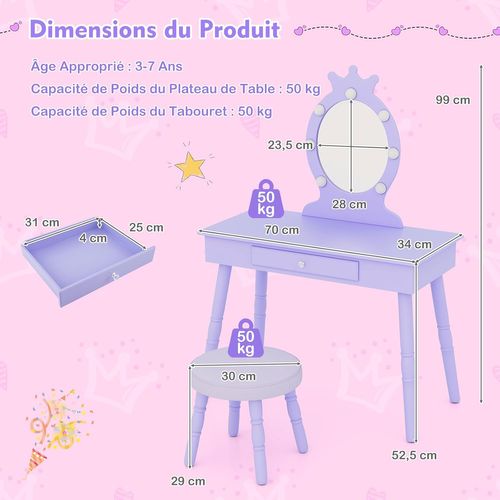 Coiffeuse Enfant Fille Avec Miroir (avec Miroir, Lumière Et Chaise ),70x34x99 Cm,violet