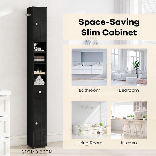 Meuble Colonne Salle De Bain, 2 Placards à Porte, 1 Tiroir Et 5 Étagères, 20 X 20 X 180 Cm (noir)