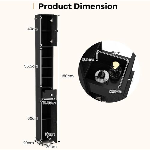 Meuble Colonne Salle De Bain, 2 Placards à Porte, 1 Tiroir Et 5 Étagères, 20 X 20 X 180 Cm (noir)