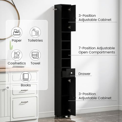 Meuble Colonne Salle De Bain, 2 Placards à Porte, 1 Tiroir Et 5 Étagères, 20 X 20 X 180 Cm (noir)