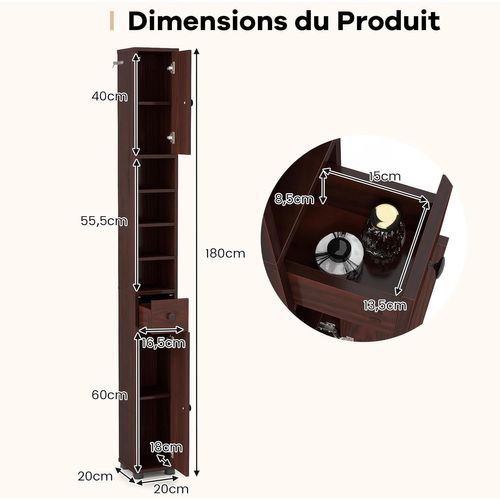 Meuble Colonne Salle De Bain, 2 Placards à Porte, 1 Tiroir, 20 X 20 X 180 Cm (brun)