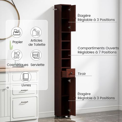 Meuble Colonne Salle De Bain, 2 Placards à Porte, 1 Tiroir, 20 X 20 X 180 Cm (brun)