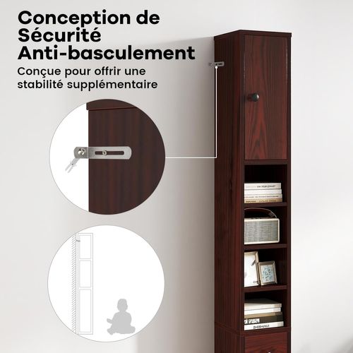 Meuble Colonne Salle De Bain, 2 Placards à Porte, 1 Tiroir, 20 X 20 X 180 Cm (brun)