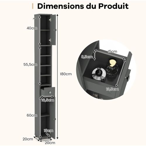 Meuble Colonne Salle De Bain, 2 Placards à Porte, 1 Tiroir, 20 X 20 X 180 Cm (gris)