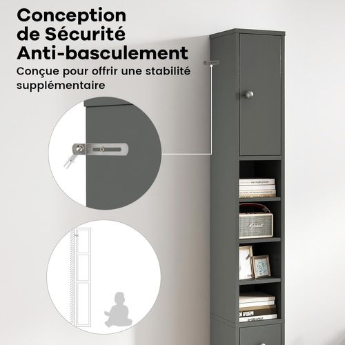 Meuble Colonne Salle De Bain, 2 Placards à Porte, 1 Tiroir, 20 X 20 X 180 Cm (gris)