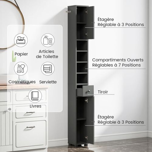 Meuble Colonne Salle De Bain, 2 Placards à Porte, 1 Tiroir, 20 X 20 X 180 Cm (gris)