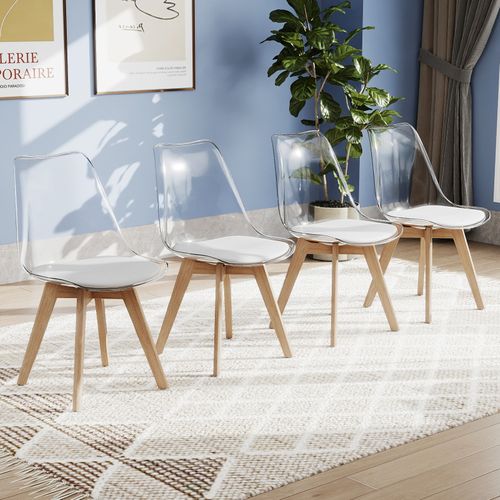 Lot 4 Chaises Scandinaves Transparentes, Bois Hêtre, Siège Simili Cuir,52x47x81cm ,blanc