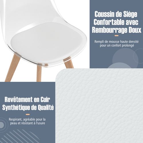 Lot 4 Chaises Scandinaves Transparentes, Bois Hêtre, Siège Simili Cuir,52x47x81cm ,blanc