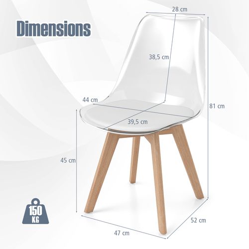 Lot 4 Chaises Scandinaves Transparentes, Bois Hêtre, Siège Simili Cuir,52x47x81cm ,blanc