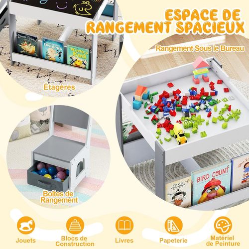 Table Enfant 4 En 1 Avec 2 Chaises Et Tableaux Réversibles, Bibliothèques, 62x62cm,gris