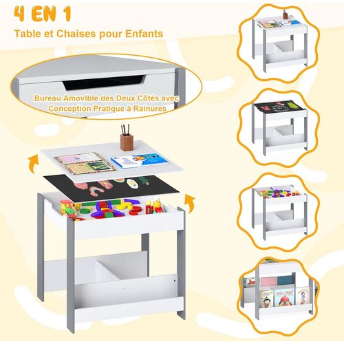 Table Enfant 4 En 1 Avec 2 Chaises Et Tableaux Réversibles, Bibliothèques, 62x62cm,gris