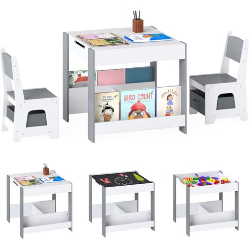 Table Enfant 4 En 1 Avec 2 Chaises Et Tableaux Réversibles, Bibliothèques, 62x62cm,gris
